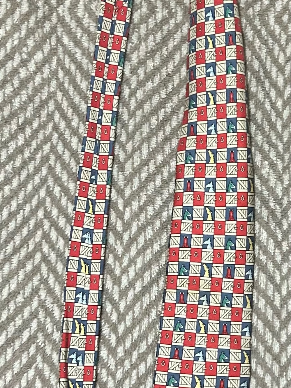 Hermes Red Silk Tie with Blue, White & Yellow Accents